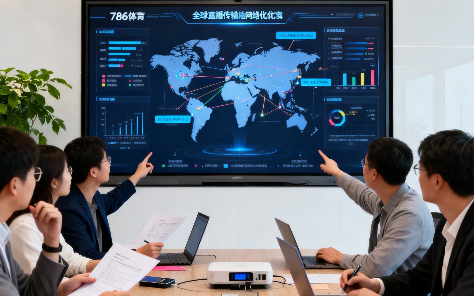 6686体育核心技术团队在现代办公室中围绕大屏幕讨论全球直播传输网络优化方案的工作场景