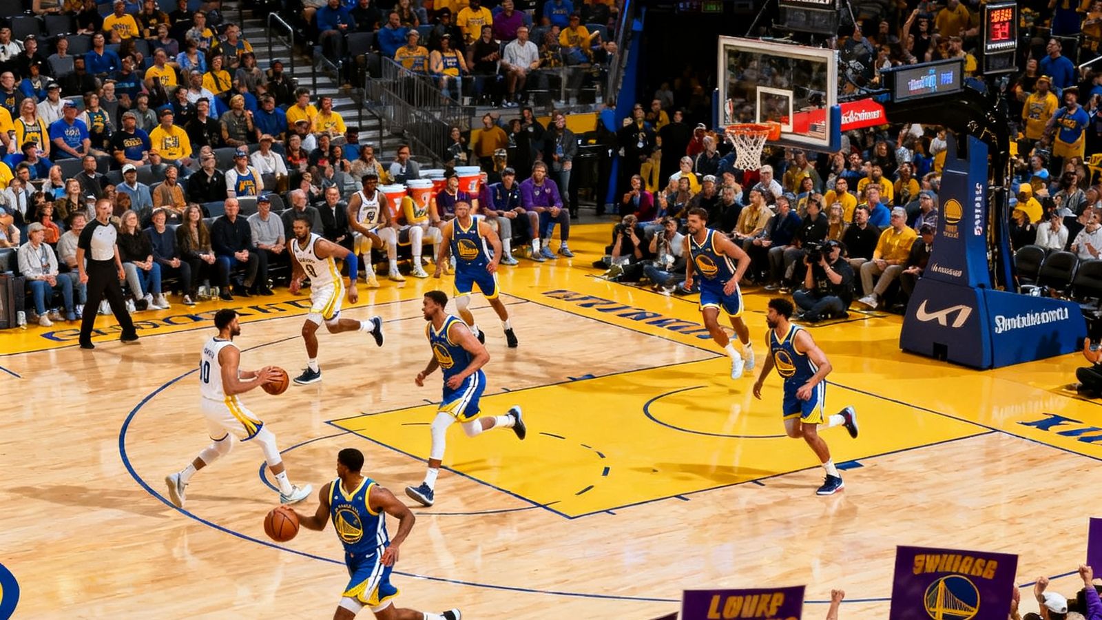 NBA总决赛直播画面，金州勇士队与洛杉矶湖人队在球场上激烈对抗，观众席座无虚席，现场气氛热烈